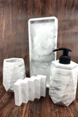 4 Parça Mermer Desenli Beton Banyo Seti Katı Sıvı Sabunluk Diş Fırçalık Tepsi thumbnail 2