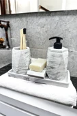 4 Parça Mermer Desenli Beton Banyo Seti Katı Sıvı Sabunluk Diş Fırçalık Tepsi thumbnail 1