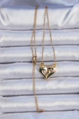 316L Çelik Zincir Altın Renk Zirkon Taşlı Mıknatıslı Kalp Kolye thumbnail 2