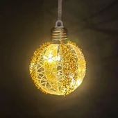 Yılbaşı Topu Ampul Led Işıklı Simli Desenli 2 li Paket Gold 7 cm thumbnail 5