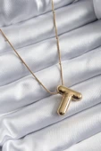 316L Çelik Gold Renk Bubble  T  Harf Model Kadın Kolye - 1