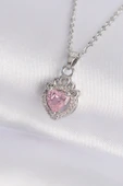 316L Çelik Zincir Gümüş Renk Pembe Zirkon Taşlı Rapunzel Kolye - 2