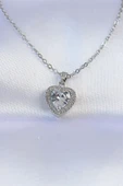 316L Çelik Zincir Gümüş Renk Zirkon Taşlı Charm Kalp Kolye thumbnail 1