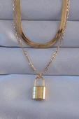 316L Çelik Gold Renk Çift Zincir Kilit Model Kolye - 1
