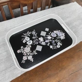 Modern Ethnic Siyah Çiçek Desenli Pleksi Servis Sunum Tepsisi 35*25 Cm Çay Kahve Tepsisi - 1