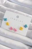 Pirinç Rengarenk Mineli Minimal Fiyonk Küpe Seti - 1