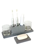 3 Parça Beton Banyo Seti Şarjlı Diş Fırçası Standı Katı Sabunluk Sunum Tepsisi thumbnail 2