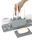 3 Parça Beton Banyo Seti Şarjlı Diş Fırçası Standı Katı Sabunluk Sunum Tepsisi thumbnail 1