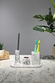 4 Parça Mermer Desenli Beton Banyo Seti Diş Fırçalık Tütsülük Mumluk Tepsi - 5