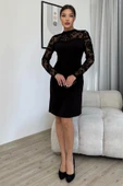 Flok Baskılı Boncuk İşlemeli Elbise 6023-Siyah - 1