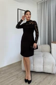 Flok Baskılı Boncuk İşlemeli Elbise 6023-Siyah - 2