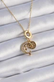 316L Çelik Gold Renk Zirkon Taşlı Ay Yıldız  Model Charm Model Kadın Kolye - TJ-BKO9312 - 1