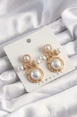 Pirinç Gold Renk İnci Taşlı Motifli Küpe - TJ-BKP9502 - 1
