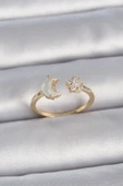 Pirinç Gold Renk İncili Hilal Zirkon Taşlı Yıldız Ayarlanabilir Model Kadın Yüzük - TJ-BYK3360 - 1
