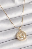316L Çelik Gold Renk Zincir Zirkon Taş Detaylı Beyaz Sedefli Ay Yıldız Model Kadın Kolye - TJ-BKO9638 - 1
