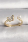 Pirinç Gold Renk Zirkon Taş Detaylı Beyaz Mineli  Model İnci Detay Ayarlanabilir Yüzük - TJ-BYK3523 - 1
