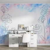 Mavi Pembe Soft Suluboya Çiçek Duvar Kağıdı thumbnail 4