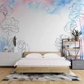 Mavi Pembe Soft Suluboya Çiçek Duvar Kağıdı thumbnail 2