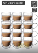 12’li Set Kulplu Cappuccino Bardağı Latte Bardağı Çift Cidarlı Americano Bardağı 250 ml Kahve Bardak - 1