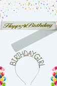Happy Birthday Yazılı Kuşak Ve Birthday Girl Yazılı Taşlı Taç - 1