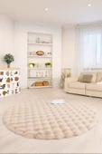 Bubble Yuvarlak Bej Uzun Tüylü Yumuşak Peluş Kaymaz Yıkanabilir Salon Oturma Odası Balkon Halısı - 1