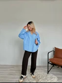 Kadın Taş Detaylı Poplin Gömlek Mavi - 5