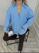 Kadın Taş Detaylı Poplin Gömlek Mavi - 2