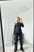 Kadın Gold Kemerli Ceket Pantolon Takım Siyah thumbnail 6