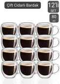 12’li Set Kulplu Espresso Bardağı Doppio Ristretto Bardağı Çift Cidarlı Türk Kahvesi Bardak 80 ml - 1