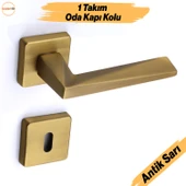 Vista Antik Sarı Oda Kapı Kolu Kare Rozetli Sürgülü ve Çelik Kapı Kulpu Uyumlu Sağ Sol Uygun Kolları - 1