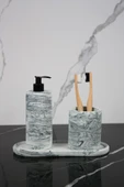3 Parça Mermer Desenli Beton Banyo Seti Sıvı Sabunluk Diş Fırçalık Sunum Tepsisi thumbnail 1