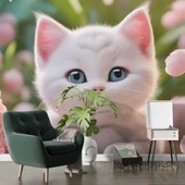 Beyaz Sevimli Kedi Desenli Duvar Kağıdı - 5