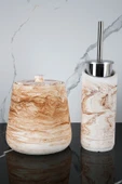 4 Parça Mermer Desenli Beton Banyo Wc Seti Tuvalet Fırçası Çöp Kovası 4 Litre - 1