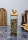 Boynuz Desenli Cam Kavanoz - Bambu Kapaklı Borosilikat Cam Kavanoz - 33 CM - Kare - 1