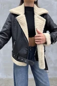 Kadın İçi Beyaz Kürklü Siyah Kısa Biker Deri Ceket Mont thumbnail 11