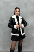 Kadın İçi Beyaz Kürklü Siyah Kısa Biker Deri Ceket Mont thumbnail 1