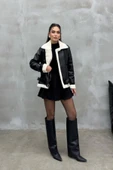 Kadın İçi Beyaz Kürklü Siyah Kısa Biker Deri Ceket Mont thumbnail 3