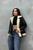 Kadın İçi Beyaz Kürklü Siyah Kısa Biker Deri Ceket Mont thumbnail 8