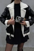 Kadın İçi Beyaz Kürklü Siyah Kısa Biker Deri Ceket Mont thumbnail 5