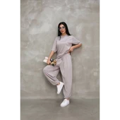 Lucky Life Kadın Modal Yumuşak Dokulu Kumaş Oversize Bisiklet Yaka T-shirt Jogger Eşofman Altı Eşofman Takımı - Gri - 3