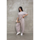 Lucky Life Kadın Modal Yumuşak Dokulu Kumaş Oversize Bisiklet Yaka T-shirt Jogger Eşofman Altı Eşofman Takımı - Gri - 1