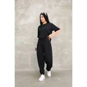 Lucky Life Kadın Modal Yumuşak Dokulu Kumaş Oversize Bisiklet Yaka T-shirt Jogger Eşofman Altı Eşofman Takımı - Siyah - 1
