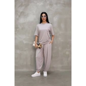 Lucky Life Kadın Modal Yumuşak Dokulu Kumaş Oversize Bisiklet Yaka T-shirt Jogger Eşofman Altı Eşofman Takımı - Gri - 2