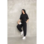 Lucky Life Kadın Modal Yumuşak Dokulu Kumaş Oversize Bisiklet Yaka T-shirt Jogger Eşofman Altı Eşofman Takımı - Siyah - 2