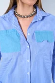 Çizgili Kol Cepli Gömlek - Mavi-Beyaz thumbnail 4