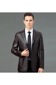 NYC GİYİM TEKSTİL Hakiki deri ince kesit blazer klasik ceket - 1