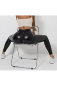 NYC GİYİM TEKSTİL Yüksek Bel Deri Görünümlü Büzgülü Spor Tayt, Siyah, Popo Kaldırıcı, Fitness ve Yoga için - 6