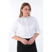 Kadın Yakası Taşlı Cotton Klasik Büyük Beden Ofis Gömlek - 44377 - 1