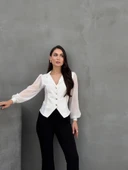 Kadın Gömlek Düğmeli Uzun Tül Kollu Ceket Yaka Bele Oturan Gömlek Siyah - 8
