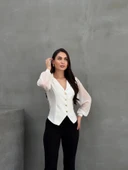 Kadın Gömlek Düğmeli Uzun Tül Kollu Ceket Yaka Bele Oturan Gömlek Siyah - 7